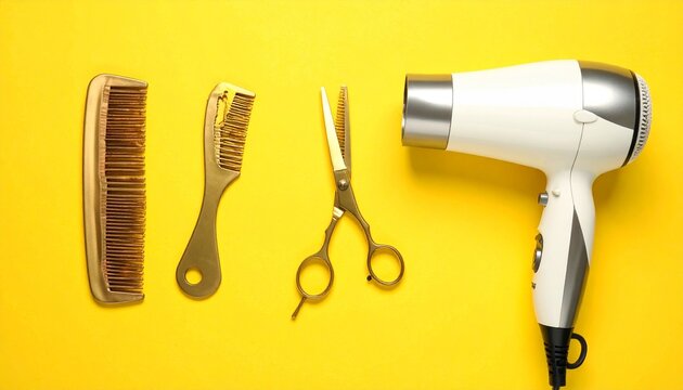 Three hair styling tools—scissors, comb, and dryer—arranged on a vibrant yellow backdrop. A bold composition of grooming, transformation, and the choreography of personal care rituals.