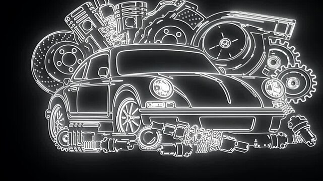 Classic Car and its Parts: A Neon Line Art Design