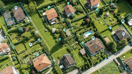 A high-angle view of a residential neighborhood, marked with digital outlines and location markers.