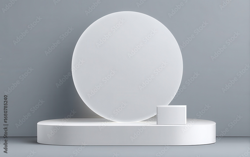 Poster minimalist white podium with round and rectangular shapes creates modern background for product disp