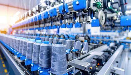 Obraz premium A detailed view of a modern textile manufacturing facility showcasing spools of thread in production.