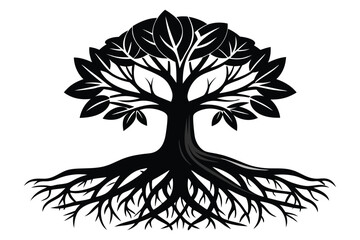 Obraz premium Silhouette Tree of Life with Roots and Leaves Isolated on White Background Design
