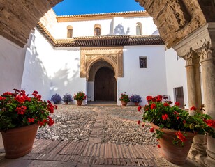Picturesque courtyard with arches and flowers