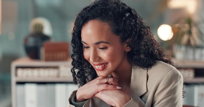 Thinking, woman and smile for idea in office with research, account manager and client report. Bokeh, planning and connection with employee in agency for financial advisor and business solution