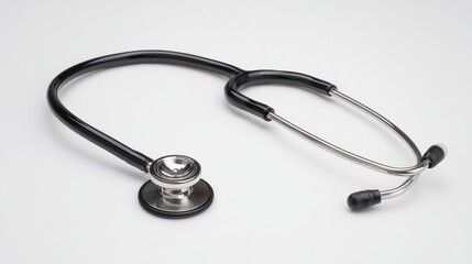 A black stethoscope with a silver diaphragm and tubing, symbolizing medical care and health against a clean white background