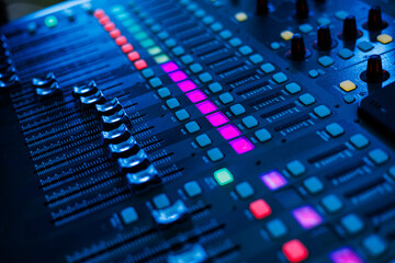 Concert sound mixer panel with volume regulators. Professional audio and light equipment for sound...