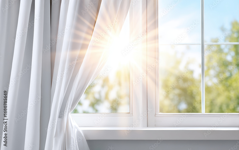 Poster bright sunlight streams through clean window with white curtain creating warm and inviting backgroun