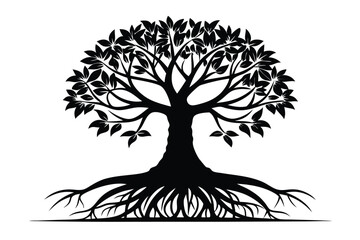 Fototapeta premium Silhouette Round Tree with Roots and Leaves on White Background Isolated Art