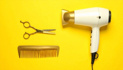 Fototapeta premium Three hair styling tools—scissors, comb, and dryer—arranged on a vibrant yellow backdrop. A bold composition of grooming, transformation, and the choreography of personal care rituals.