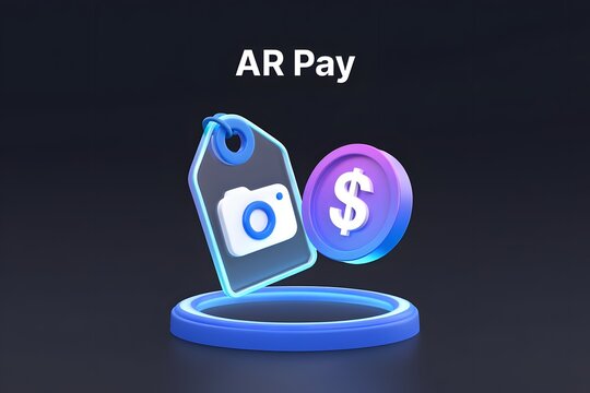 Augmented reality payment technology illustration with floating elements for a modern digital transaction concept.