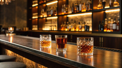 Luxurious Bar with Whiskey Glasses and Artistic Ambience, Elegant, Sophisticated, Warm, Inviting, Classic, Rich, Stylish, Refined, Cozy, Exclusive, Timber, Contemporary, Plush, Atmospheric, Indulgent,