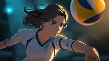 Intense moment captured as a skilled female volleyball player serves the ball in an indoor arena. Bright lights illuminate her focused expression and athletic stance.