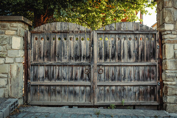 Large old wooden double gates with iron rings and circular cut-outs, framed by stone pillars in...