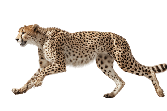 Cheetah in motion against a black background.  The cheetah is in a side profile view, running, with its spotted coat clearly visible.  Its muscles are defined, and its posture is dynamic