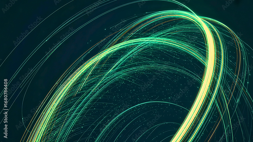 Poster dynamic abstract background featuring swirling green and yellow light trails representing high-speed