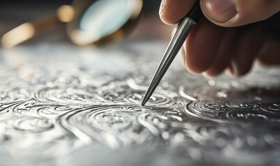 A skilled artisan engraves an intricate design onto a metallic surface using a specialized tool, focused detail.