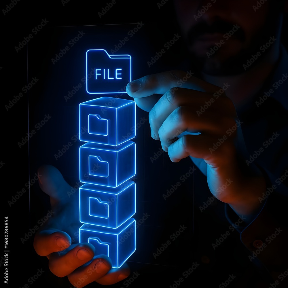Poster a person is organizing digital files and folders, symbolizing data management, information storage, 