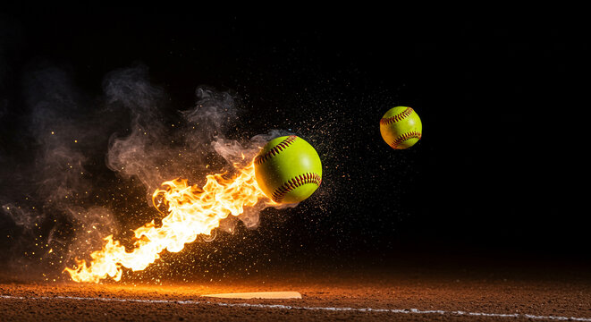 A softball engulfed in flames flying through the air with another softball in the background on a field - Powered by Adobe
