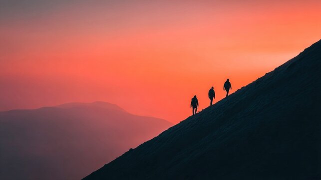 Silhouette of three people hiking up a steep mountain against a vibrant orange and purple sunset. Overlooking a series of distant mountains.