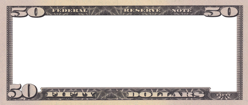 Blank guilloche note. US 50 dollars bill. Frame sample, modern paper game money of United States of America. Empty. Obverse of banknote denomination fifty. Template of illustration.
