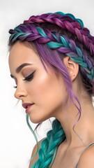Naklejka premium Young woman with vibrant colorful braided hairstyle and elegant makeup posing on white background