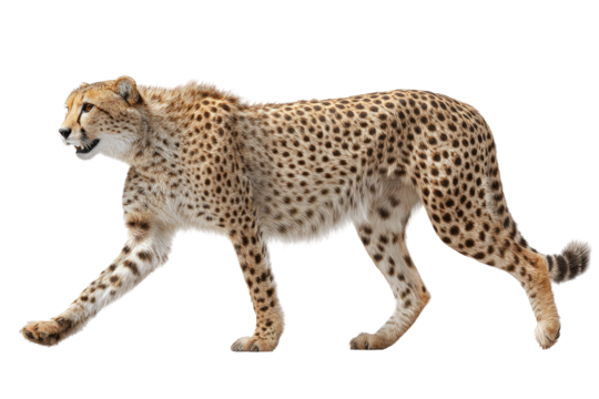 Cheetah in motion against black background.  Profile view, spotted coat, long legs