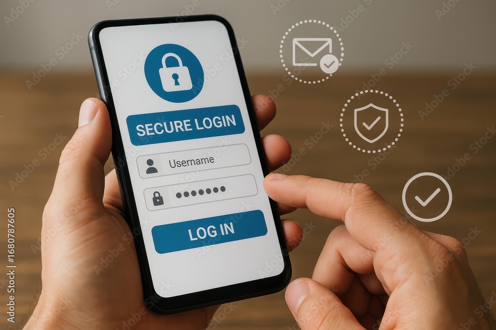 Aufkleber secure mobile login: hands holding a smartphone displaying a secure login screen, highlighting digit