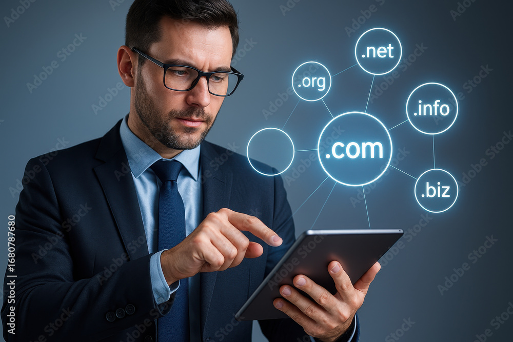 Poster domain of innovation: a sharp businessman in a formal suit attentively uses a tablet, surrounded by 