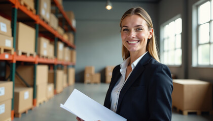 Confident businesswoman holding documents in warehouse, smiling and professional.