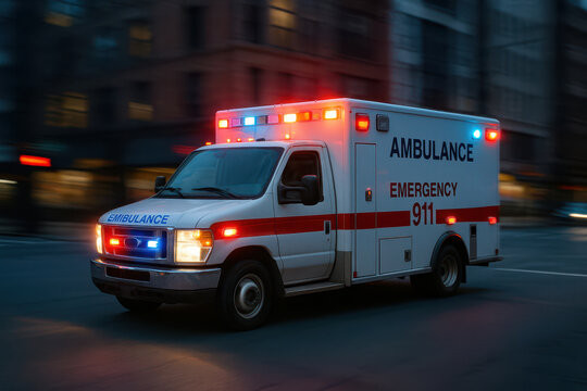 Emergency Response Vehicle: A bright ambulance navigates a city intersection with flashing lights ablaze, conveying a sense of urgency and immediate assistance.