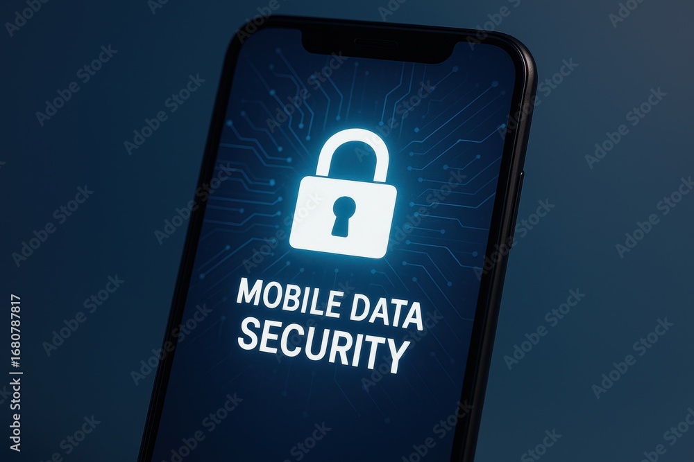 Poster mobile data security: a smartphone displays a secure padlock icon with mobile data security, highlig