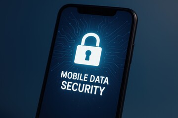 Mobile Data Security: A smartphone displays a secure padlock icon with Mobile Data Security, highlighting a commitment to protecting personal data and privacy.