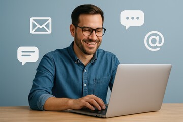 Online Communication: A focused man types on a laptop, surrounded by digital communication icons, showcasing the ease and pervasiveness of contemporary online correspondence.