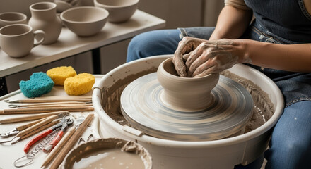 Fototapeta premium Pottery making on spinning wheel with clay bowl creation. Hands shaping wet clay on pottery wheel. Artisan craftswoman making ceramic bowl, using tools and sponges.