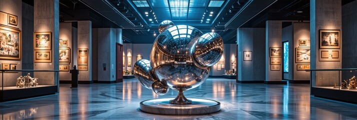 Futuristic metallic sculpture in modern art gallery with abstract reflections