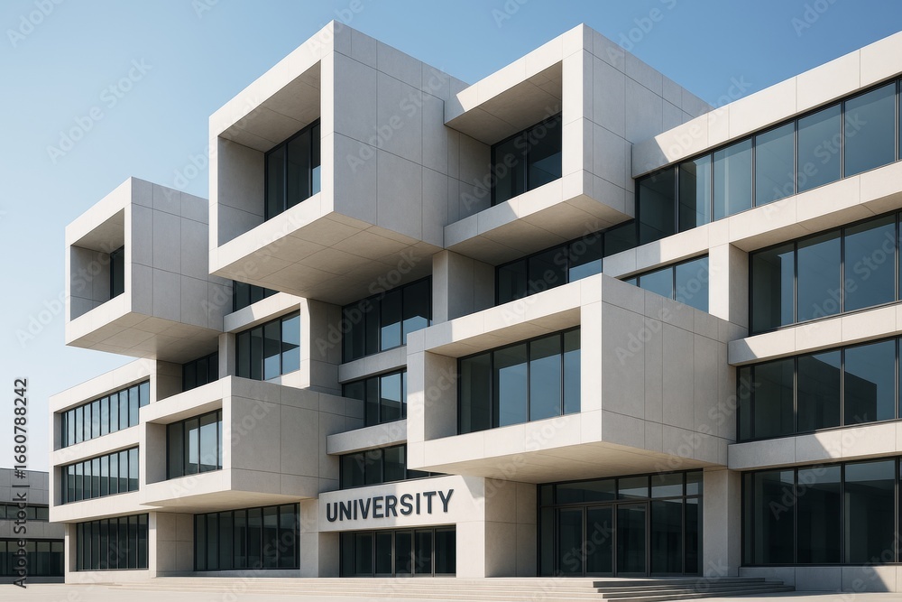 Aufkleber modern university building with geometric architecture and large windows under clear sky, symbolizin