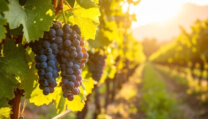 Fototapeta premium Vineyard landscape during golden hour, grapes ready for harvest