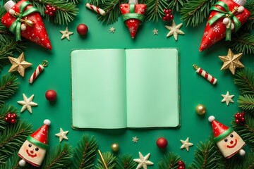 Christmas green background with holiday toys and decorations. Top view of notebook. Happy New Year concept.