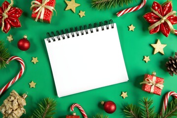 Christmas green background with holiday toys and decorations. Top view of notebook. Happy New Year concept.