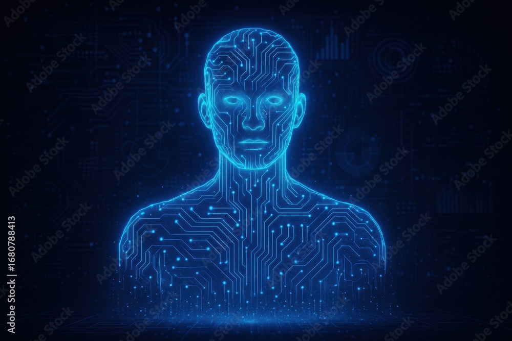 Poster digital human interface: a modern digital portrayal of a human figure is seamlessly intertwined with