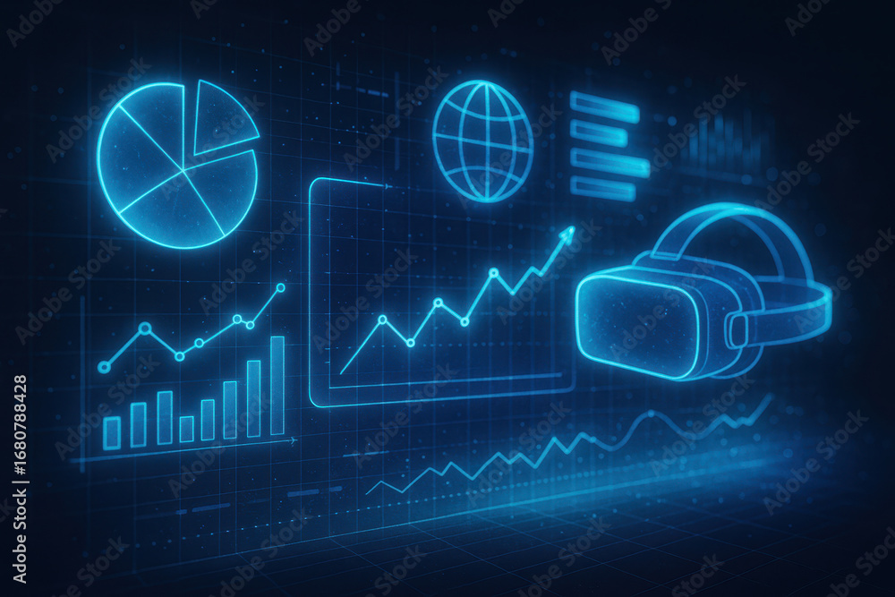 Poster virtual reality interface: a futuristic display showcasing virtual reality elements and data, set ag