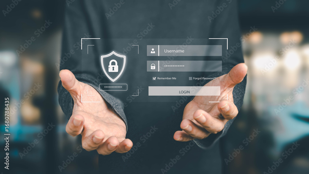 Fototapete a person holds a futuristic digital interface showing a secure login screen with username and passwo