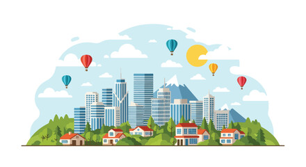 Flat illustration of a modern city skyline with suburban houses, mountains, trees, and hot air balloons, ideal for travel, lifestyle, real estate, urban development, and tourism design themes