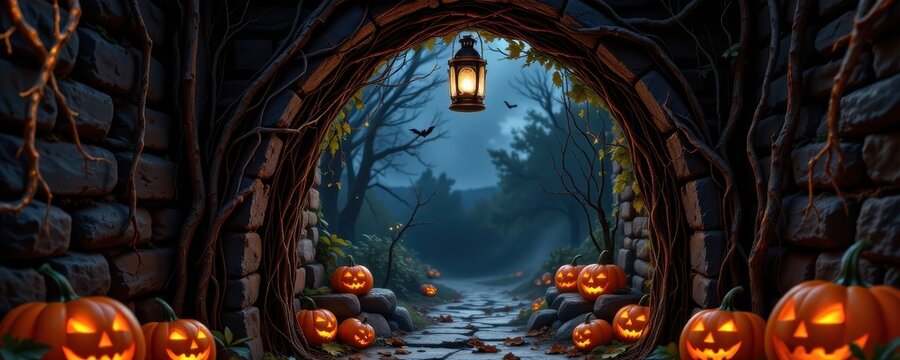 a slim rustic halloween arch framed with brittle vines, pumpkins glowing, lantern light flickering upward, eerie shadows creating haunting narrow passage design.