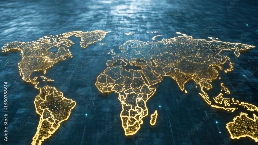 Poster glowing digital world map showcasing technology and global connectivity through illuminated lines