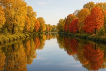 Fototapeta premium Autumn Reflections: A stunning river winds through a vibrant landscape painted with the warm hues of autumn, with leaves reflected on the water's surface, capturing the beauty of fall.