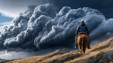 Cowboy riding a horse on the hillside with stormy sky