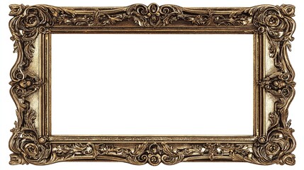 Ornate, rectangular, gold-toned picture frame with a heavily carved, rococo-style border featuring floral and leaf motifs.  The frame is isolated on a white background