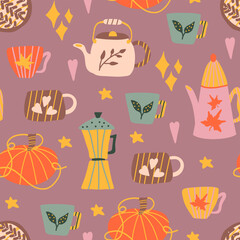 Seamless pattern with cozy hand-drawn teapots, mugs, pumpkins and stars in warm tones on muted mauve background for kitchen textiles, wrapping, packaging and seasonal lifestyle decor