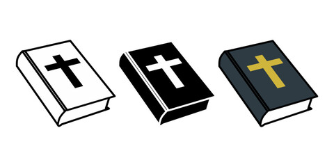 Flat vector illustration of Holy Bible with Christian cross symbol. Set of variations in black, white, and gold for religious, educational, and spiritual design projects. Isolated on white background.